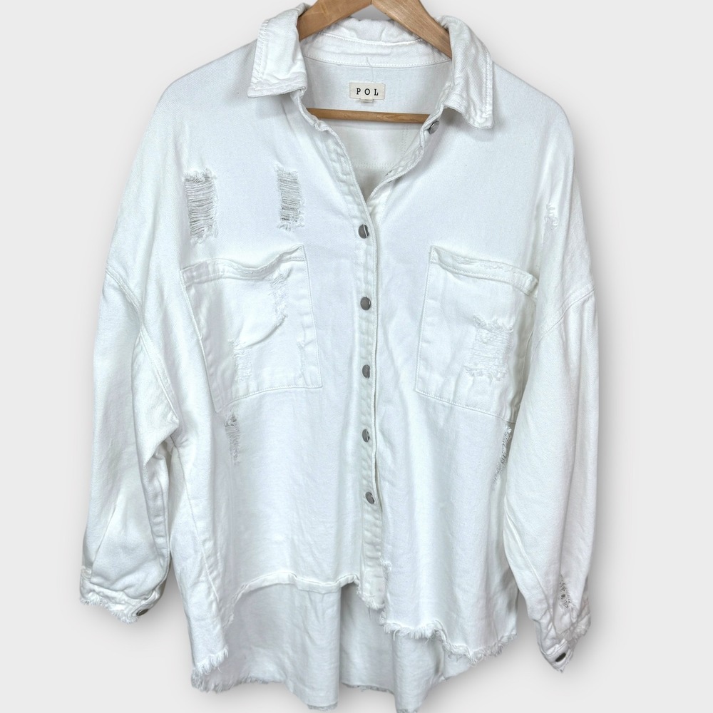 POL White‎ Distressed Denim Button Down Shirt Jacket Oversized Women's Size S